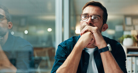 Reflection, thinking and business man with idea, creative insight or professional mindset....