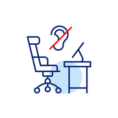 Office chair, computer desk and ear crossed. Hearing impaired workers, inclusive work environment. Confidential discussion or focused work session. Pixel perfect, editable stroke vector icon