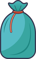 Trash bag vector with orange tie, A vector illustration of a trash bag with a tied top in teal color and an orange tie, perfect for waste disposal themes.
