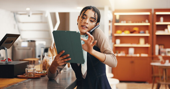 Tablet, phone call and update with woman in cafe for inventory checklist, restaurant stock and small business. Hospitality, store and menu planning with person in coffee shop for online sales order