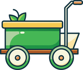 Cartoon Green Wagon with Apple and Leaves, Illustration of a green wagon with an apple and leaves, perfect for conveying a farm or nature theme in a playful style.

