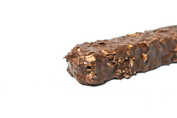 Close up view of chocolate bar filled with wafer isolated on white background. Wafer chocolate caramel. Clipping path. Half view.