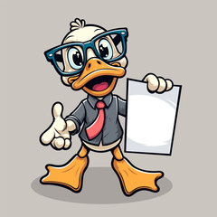 Obraz premium Smart Duck In Glasses Holding A Paper, Cartoon Illustration
