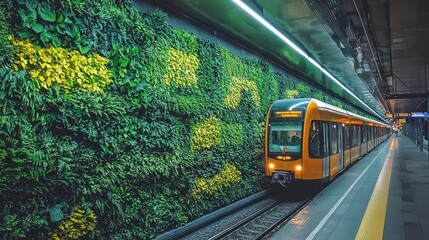 Naklejka premium A vibrant urban train station featuring a lush green wall of plants alongside a modern train, showcasing the blend of nature and transportation.