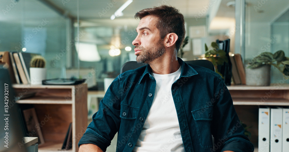 Aufkleber Insight, thinking and creative man in office for problem solving, business decision and mindset. Planning, reflection and serious worker with inspiration, vision and editor brainstorming in startup