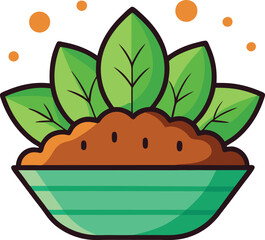 Plant Growing in Green Pot with Soil Vector Illustration, A vector illustration of a plant with lush green leaves growing from soil in a green pot, symbolizing growth.
