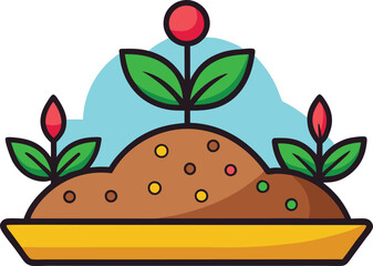 Growing Plants in Pot with Colorful Soil Vector Illustration, A vector illustration of plants sprouting from a pot with colorful soil and vibrant leaves, symbolizing growth.

