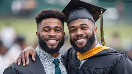 Two smiling graduates celebrating their achievement at graduation ceremony