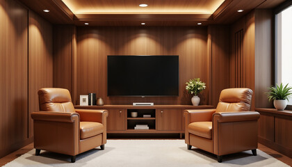 Cozy leather chairs in a modern wooden living room  
