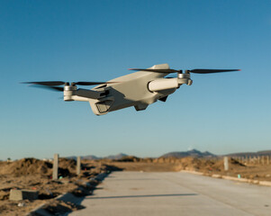 Fototapeta na wymiar Side view of a drone in flight, with a blue sky in the background