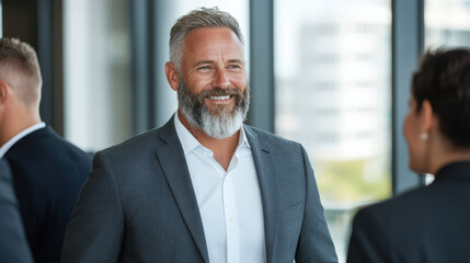 Naklejka premium confident man in suit smiles during business networking event