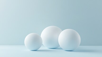 Three white spheres of varying sizes on a soft blue background, creating a minimalist aesthetic.