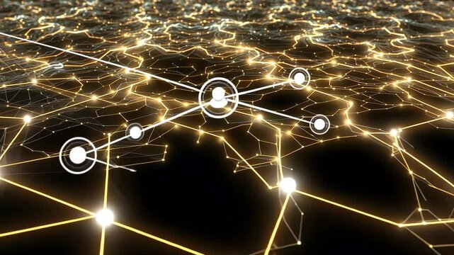 Golden Network Connections Over Glowing Cityscape at Night