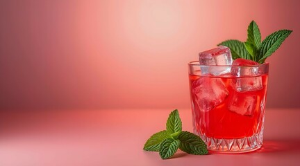 Refreshing Red Cocktail with Ice Cubes and Mint Leaves on Pink Background