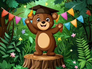 A cheerful cartoon bear in a graduation cap celebrates on a wooden stump, surrounded by colorful decorations and lush greenery.
