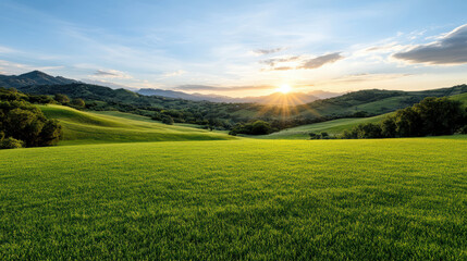 Obraz premium tranquil sunset over rolling hills, perfect for relaxation and reflection