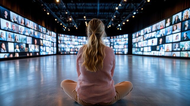 woman sits on floor, captivated by large display of virtual faces