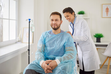 Doctor stethoscope listening man lungs for male health care, female doctor clinic checking up exam,...