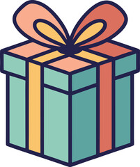 Teal Gift Box with Pink, Yellow, and Orange Ribbon Vector Illustration, A colorful vector illustration of a teal gift box with pink, yellow, and orange ribbons and a bow, perfect for holiday and celeb