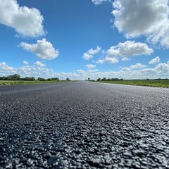 Asphalt Road Leading to Horizon under a Blue Sky with Fluffy Clouds