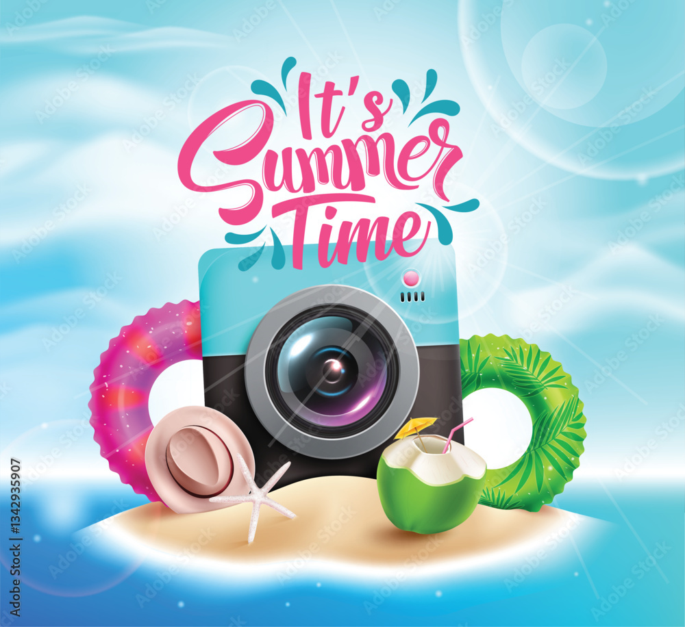 Wall mural summer time vector design. it's summer time text in island background with beach elements like camer