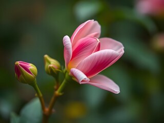Delicate Pink Rose Flower Blooming Macro Photography of Bud and Blossoms. Floral Nature Beauty.