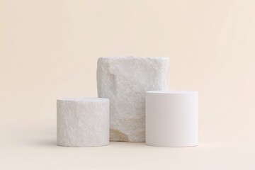 Three minimalist white podiums on a beige background
