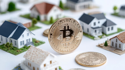 Investing in real estate and cryptocurrency, showcasing properties and coins