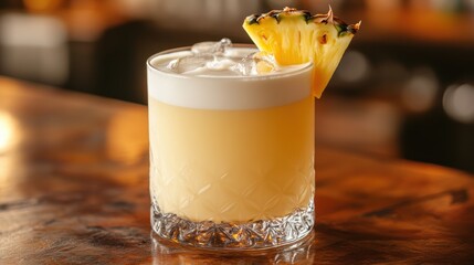 A creamy concoction of white pineapple juice, coconut rum, and a hint of sweetness, garnished with a wedge of pineapple, a refreshing and tropical delight.
