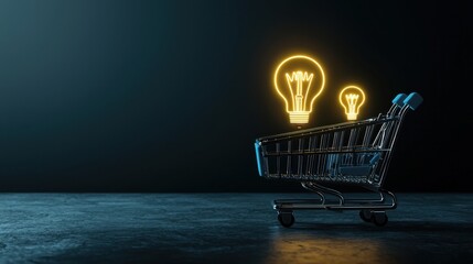 Illuminated shopping cart with various lightbulb styles, concept of creative retail growth.