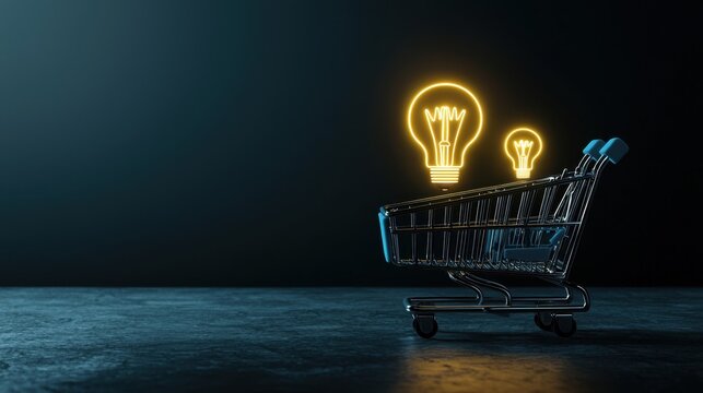 Illuminated shopping cart with various lightbulb styles, concept of creative retail growth.