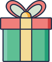 Green Gift Box with Colorful Ribbon Vector Illustration, A bright and colorful vector illustration of a green gift box with a red and yellow ribbon and bow, ideal for holiday and celebration designs.
