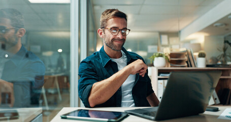 Businessman, thinking and laptop in office with night, overtime and writer at publishing agency....