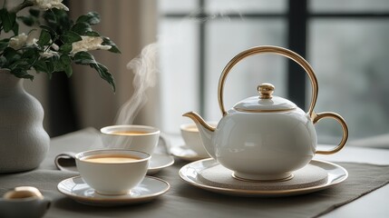 Fototapeta premium A steaming kettle, its spout poised, releases a cascade of golden tea into delicate porcelain cups, creating a cozy and fragrant moment.