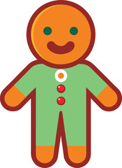 Smiling Gingerbread Man in Green Outfit Vector, A cheerful vector illustration of a gingerbread man in a green outfit with colorful buttons, perfect for Christmas and holiday-themed designs.
