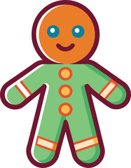 Green Gingerbread Man Vector Illustration, A cute vector illustration of a gingerbread man in a green outfit with orange details, ideal for holiday and Christmas designs.
