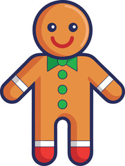 Smiling Gingerbread Man Vector Illustration, A cheerful vector illustration of a smiling gingerbread man with green and red icing details, perfect for Christmas and holiday designs.
