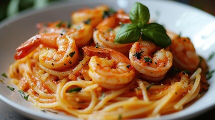A symphony of flavors, fetticcine pasta bathed in a vibrant tomato sauce, adorned with succulent shrimp, a culinary masterpiece that tantalizes the taste buds.