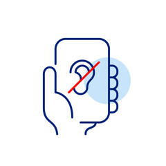 Hand holding phone and a crossed-out ear and pencil, website with no sound or muted audio content. Silent user mode, no voice commands. Pixel perfect, editable stroke vector icon