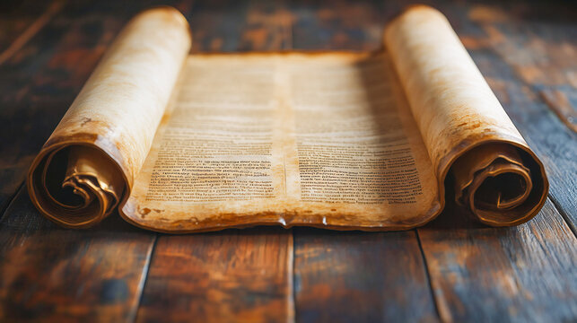 Opened unrolled scroll on a wood surface. The Torah, also known as the Pentateuch. Holy Bible. Judaism or Christian. With holy scriptures written on the cream old worn paper parchment