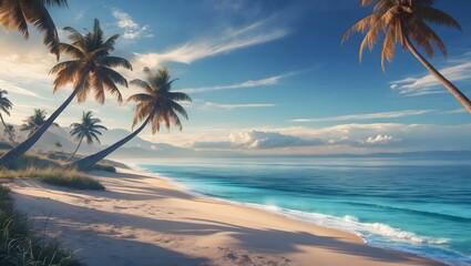 Paradise Found: A serene tropical beach scene with palm trees swaying gently in the warm breeze, crystal-clear turquoise waters caressing the golden sands under a vibrant blue sky.