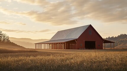 Obraz premium Red Barn Building Standing in Golden Field at Dusk or Sunset