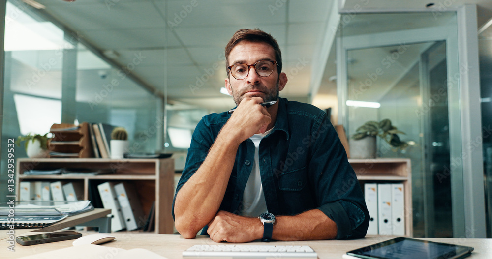 Poster portrait, thinking and business man in office for problem solving, creative decision and mindset. pl