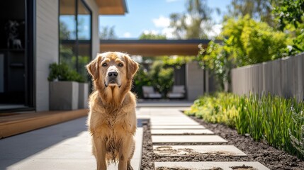 Playful golden retriever standing beside muddy footprints leading from the backyard into a modern home.