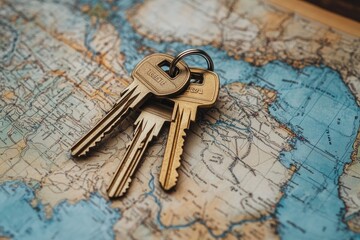 Vintage brass keys resting on an antique world map.