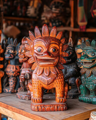 Fototapeta premium Intricate wooden carving of a mythical creature detailed artisan handcrafted statue ancient asian