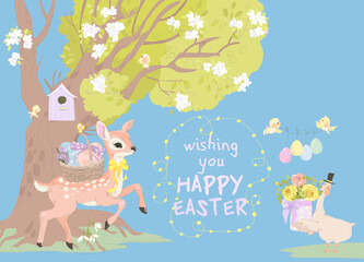 Easter Card with Little Fawn and Funny Goose