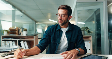 Creative, man or journalist writing in office for editor feedback, news publication or article...