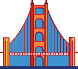 Golden Gate Bridge vector art design, A stylized vector design of the Golden Gate Bridge with its red towers and suspension cables, set against a blue background.
