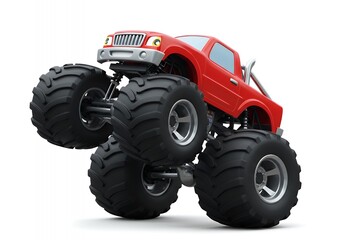 Red Monster Truck Climbing with Big Tires on White Background